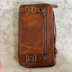 Fossil Brown Leather Zip-Around Wallet with Buckle Accents